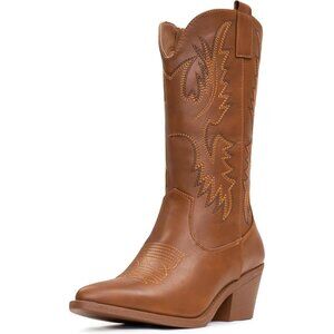 Women's Brown Embroidery Western Cowgirl Boots Pull On Pointy Toe Mid Calf